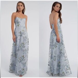 Jenny Yoo Drew Embroidered Mesh Maxi Dress Enchanted Floral Whisper Blue, Sz 10